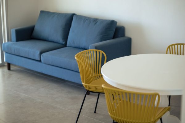 pops of color- blue and yellow-added through the custom furniture